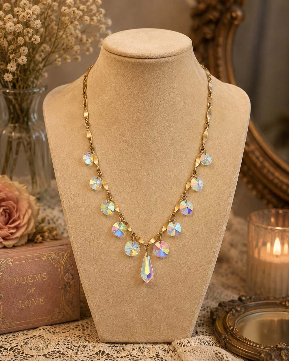 Vintage Sarah Coventry Gold Plated Aurora Borealis Crystal Fire Necklace